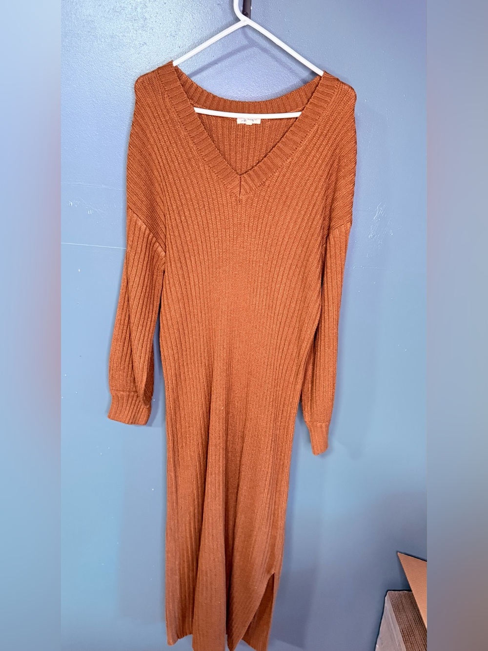 In Bloom Ribbed V-Neck Long Sleeve Dress - Rust